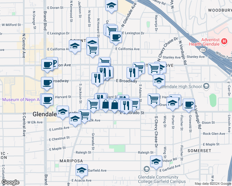 map of restaurants, bars, coffee shops, grocery stores, and more near 809 East Harvard Street in Glendale