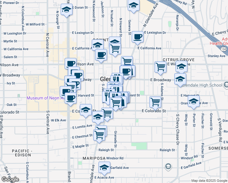 map of restaurants, bars, coffee shops, grocery stores, and more near 135 South Glendale Avenue in Glendale