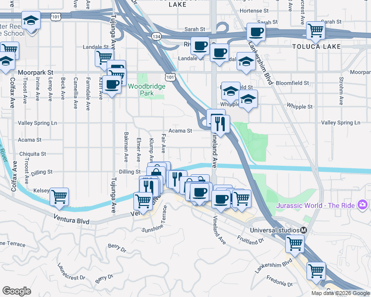 map of restaurants, bars, coffee shops, grocery stores, and more near 11116 Aqua Vista Street in Los Angeles