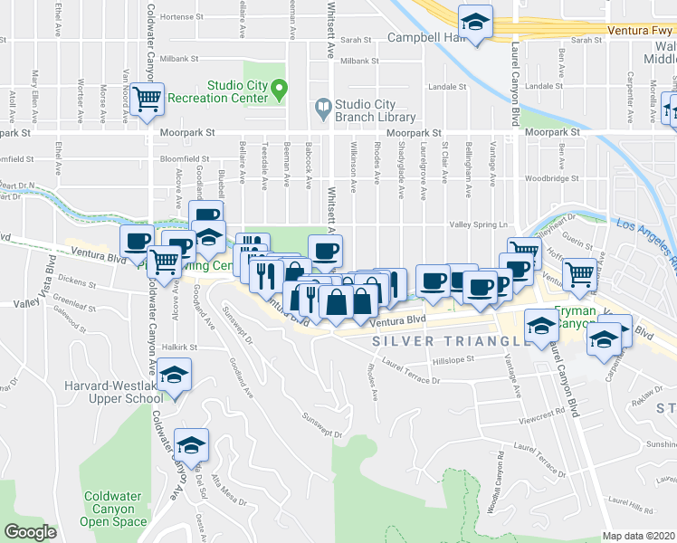 map of restaurants, bars, coffee shops, grocery stores, and more near 4041 Whitsett Avenue in Los Angeles