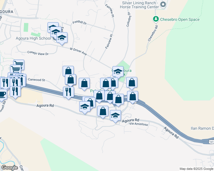 map of restaurants, bars, coffee shops, grocery stores, and more near 5250 Colodny Drive in Agoura Hills