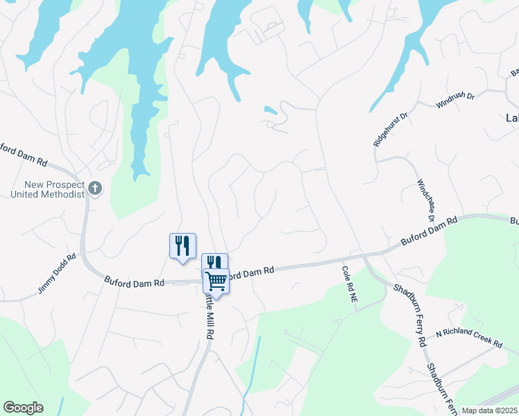 map of restaurants, bars, coffee shops, grocery stores, and more near 5821 Saint Miles Drive in Buford
