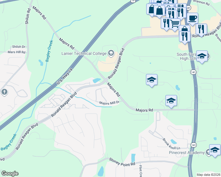map of restaurants, bars, coffee shops, grocery stores, and more near 8595 Village School Drive in Cumming