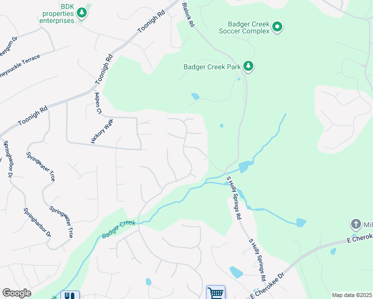 map of restaurants, bars, coffee shops, grocery stores, and more near 222 Highlands Drive in Woodstock
