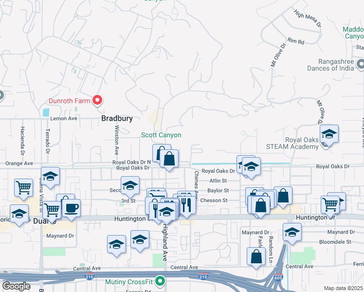 map of restaurants, bars, coffee shops, grocery stores, and more near 1835 Royal Oaks Drive in Bradbury