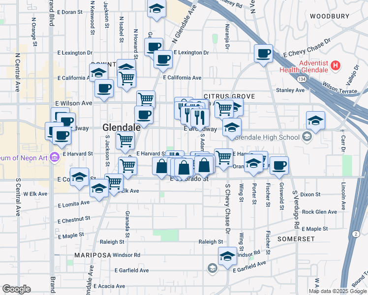 map of restaurants, bars, coffee shops, grocery stores, and more near 908 East Harvard Street in Glendale