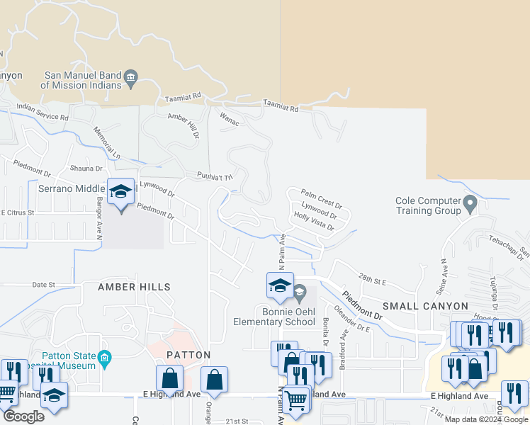 map of restaurants, bars, coffee shops, grocery stores, and more near 3542 East Citrus Street in Highland