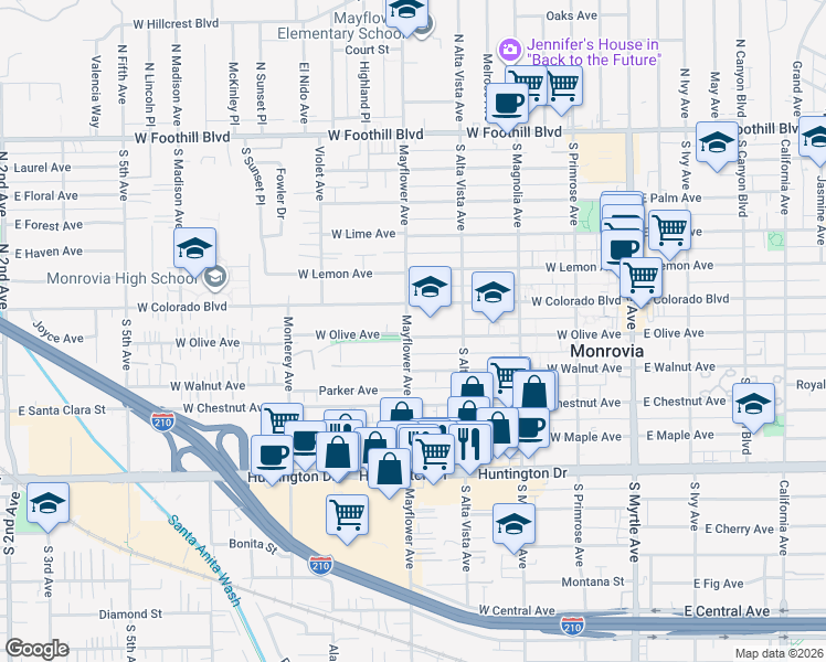 map of restaurants, bars, coffee shops, grocery stores, and more near 2 Mayflower Avenue in Monrovia