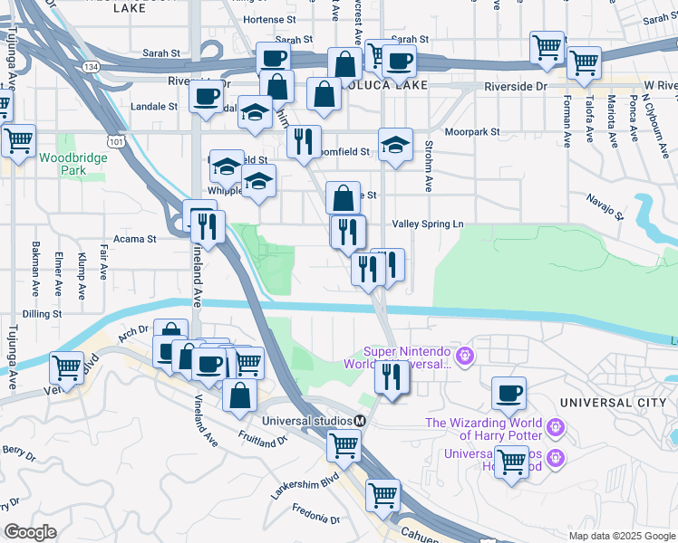 map of restaurants, bars, coffee shops, grocery stores, and more near 10726 Aqua Vista Street in Los Angeles