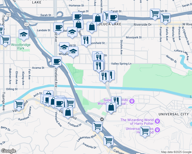 map of restaurants, bars, coffee shops, grocery stores, and more near 10726 Aqua Vista Street in Los Angeles