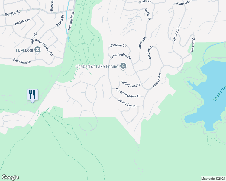 map of restaurants, bars, coffee shops, grocery stores, and more near 18360 Lake Encino Drive in Los Angeles