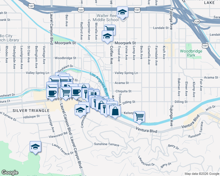 map of restaurants, bars, coffee shops, grocery stores, and more near 4173 Colfax Avenue in Los Angeles