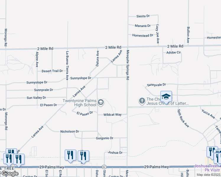 map of restaurants, bars, coffee shops, grocery stores, and more near 5971 Rose Ellen Avenue in Twentynine Palms