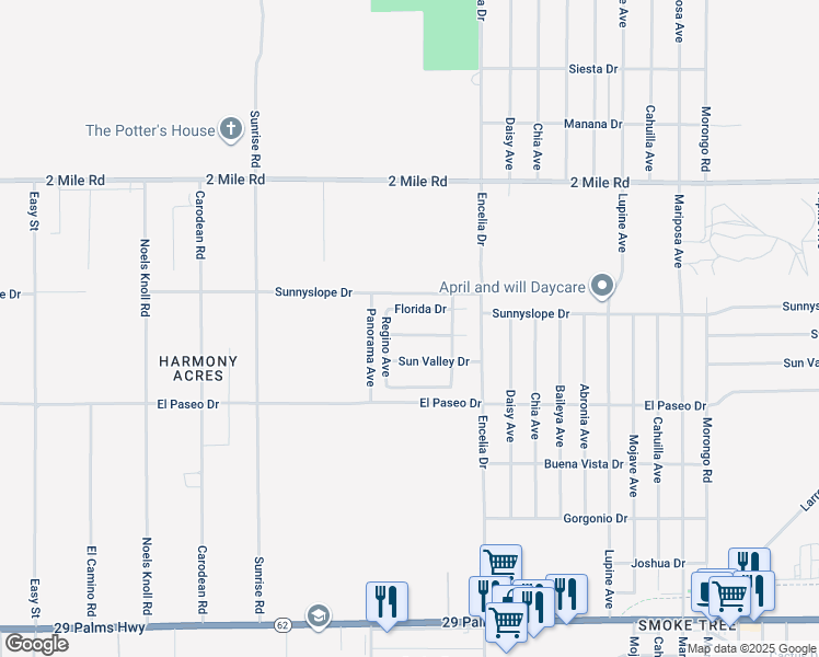 map of restaurants, bars, coffee shops, grocery stores, and more near 71538 Sunnyvale Drive in Twentynine Palms