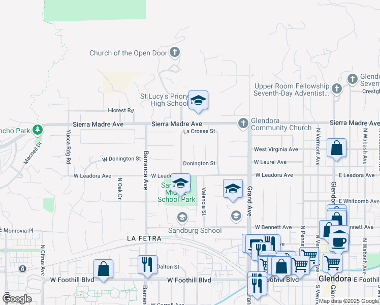 map of restaurants, bars, coffee shops, grocery stores, and more near 557 North Vecino Avenue in Glendora