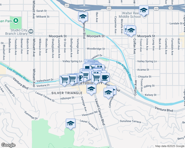 map of restaurants, bars, coffee shops, grocery stores, and more near 12154 Ventura Place in Los Angeles