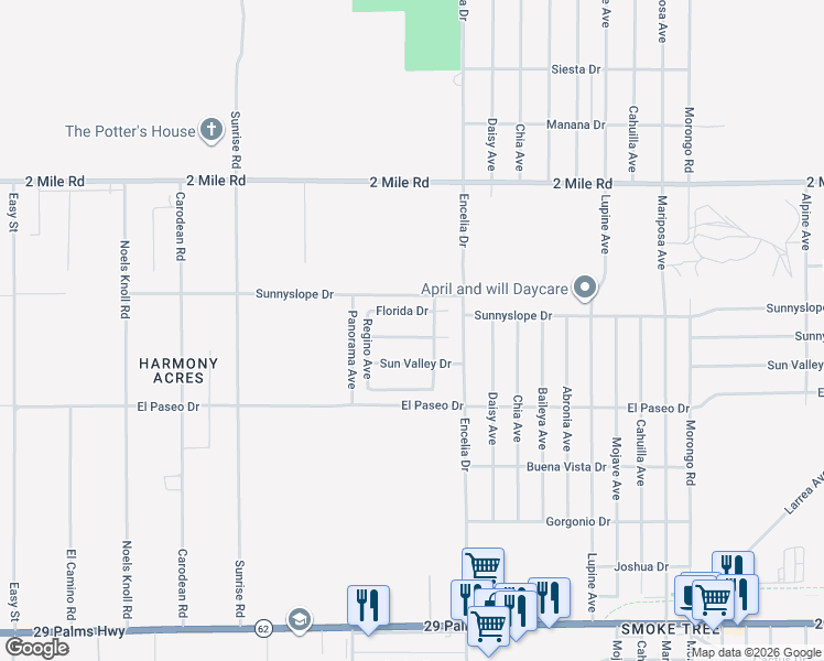 map of restaurants, bars, coffee shops, grocery stores, and more near 71576 Sunnyvale Drive in Twentynine Palms
