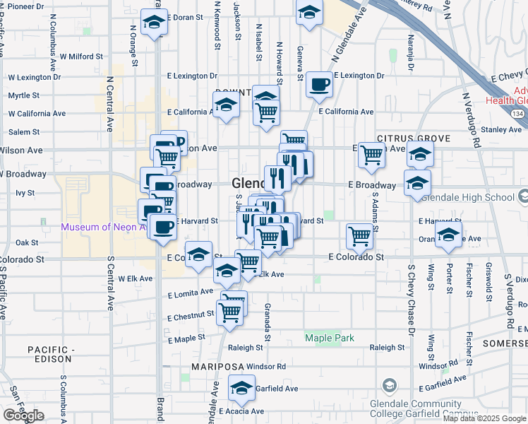 map of restaurants, bars, coffee shops, grocery stores, and more near 601 East Harvard Street in Glendale