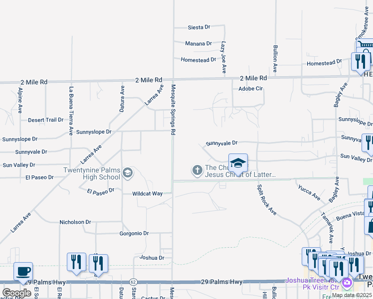 map of restaurants, bars, coffee shops, grocery stores, and more near Westside Road in Twentynine Palms