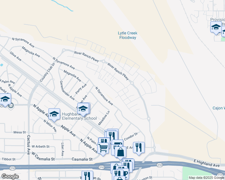 map of restaurants, bars, coffee shops, grocery stores, and more near 2464 Powell Drive in Rialto