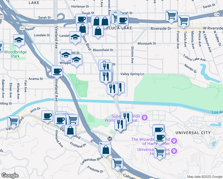map of restaurants, bars, coffee shops, grocery stores, and more near 4100 Lankershim Boulevard in Los Angeles