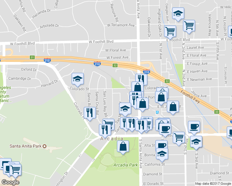 map of restaurants, bars, coffee shops, grocery stores, and more near 110 Santa Ynez Drive in Arcadia