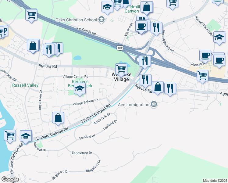 map of restaurants, bars, coffee shops, grocery stores, and more near 31617 Village School Road in Westlake Village