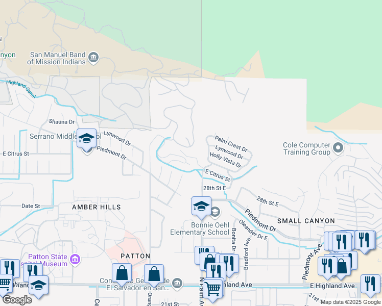 map of restaurants, bars, coffee shops, grocery stores, and more near 3542 East Citrus Street in Highland