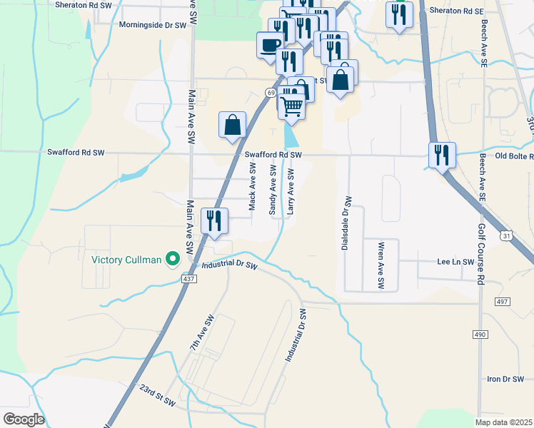 map of restaurants, bars, coffee shops, grocery stores, and more near 2048 Mack Avenue Southwest in Cullman