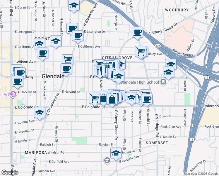 map of restaurants, bars, coffee shops, grocery stores, and more near 1127 East Harvard Street in Glendale