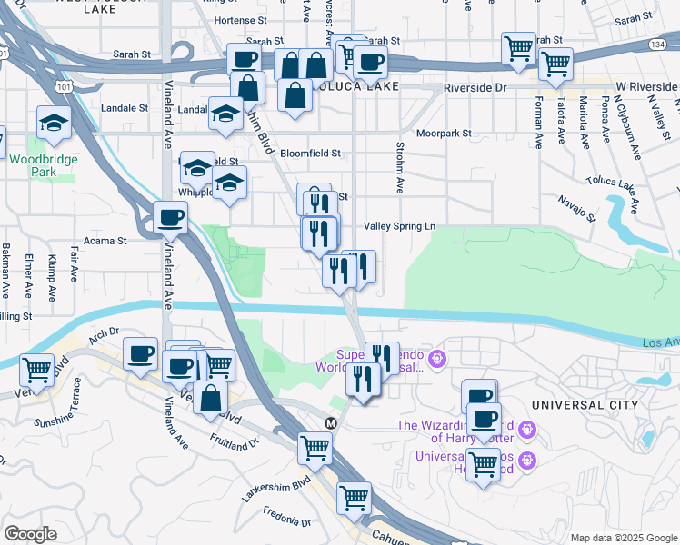 map of restaurants, bars, coffee shops, grocery stores, and more near 4100 Lankershim Boulevard in Los Angeles
