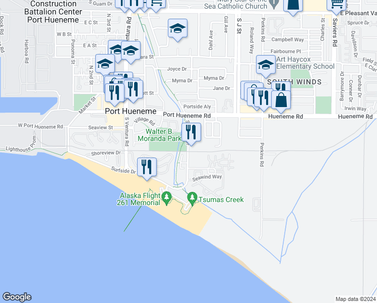 map of restaurants, bars, coffee shops, grocery stores, and more near 322 Surfside Drive in Port Hueneme