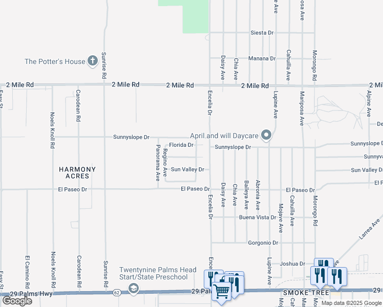 map of restaurants, bars, coffee shops, grocery stores, and more near 71590 Sunnyvale Drive in Twentynine Palms