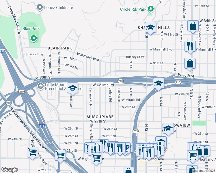 map of restaurants, bars, coffee shops, grocery stores, and more near 2892 Ladera Road in San Bernardino