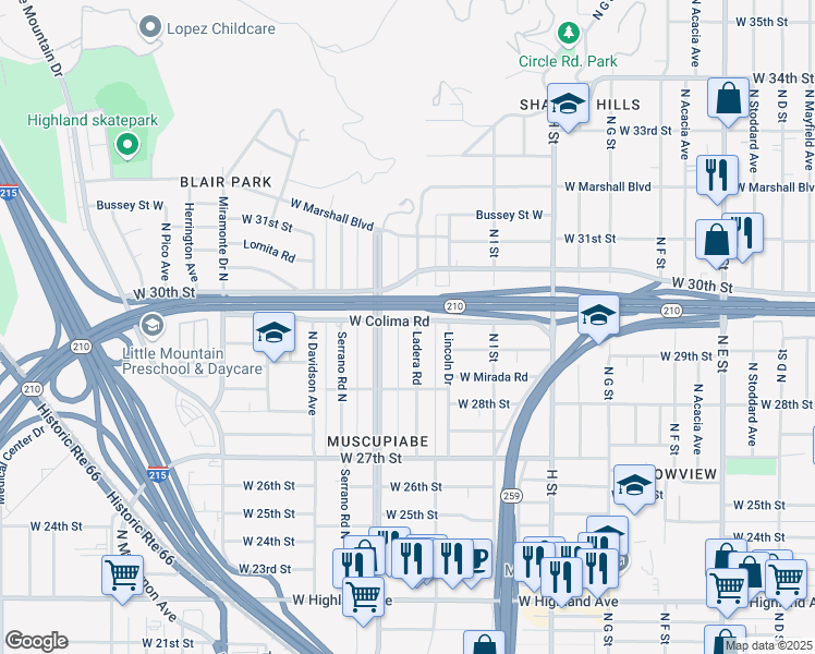 map of restaurants, bars, coffee shops, grocery stores, and more near 2892 Ladera Road in San Bernardino