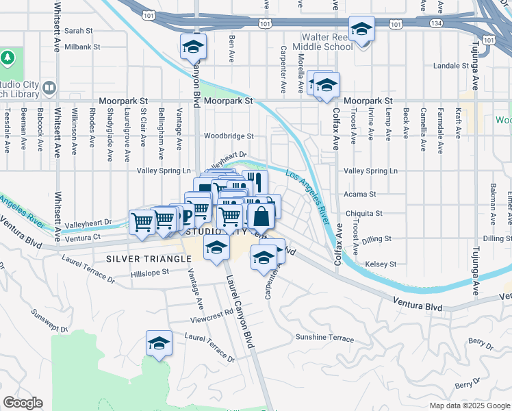 map of restaurants, bars, coffee shops, grocery stores, and more near 4037 Radford Avenue in Los Angeles