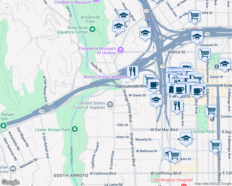 map of restaurants, bars, coffee shops, grocery stores, and more near 1 South Orange Grove Boulevard in Pasadena