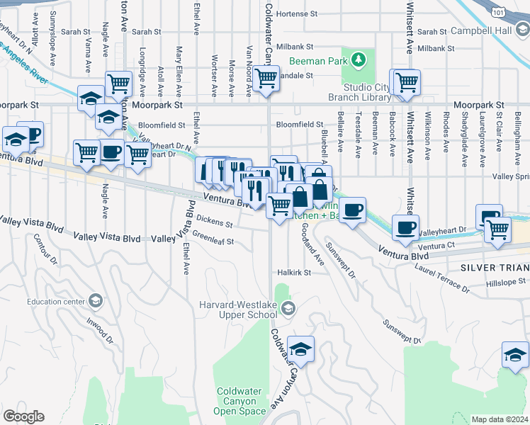 map of restaurants, bars, coffee shops, grocery stores, and more near 12900 Ventura Boulevard in Los Angeles