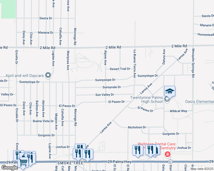 map of restaurants, bars, coffee shops, grocery stores, and more near 5967 Alpine Avenue in Twentynine Palms