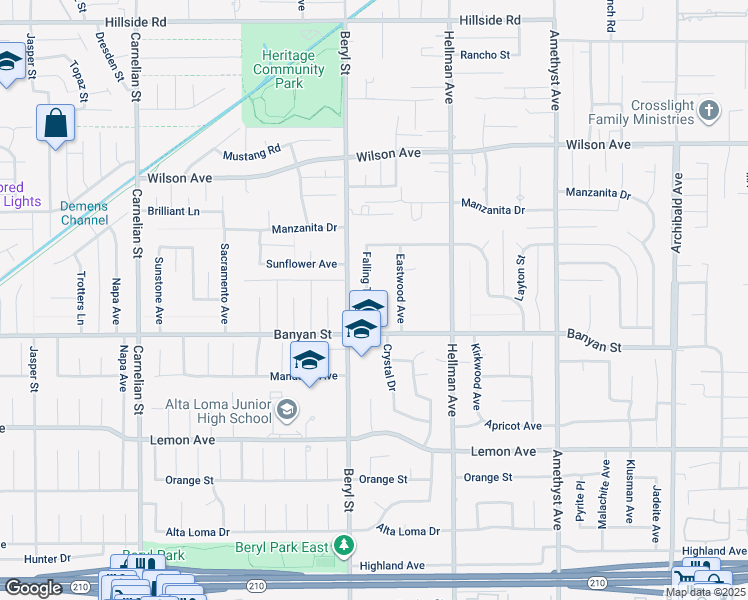 map of restaurants, bars, coffee shops, grocery stores, and more near 6035 Falling Tree Lane in Rancho Cucamonga
