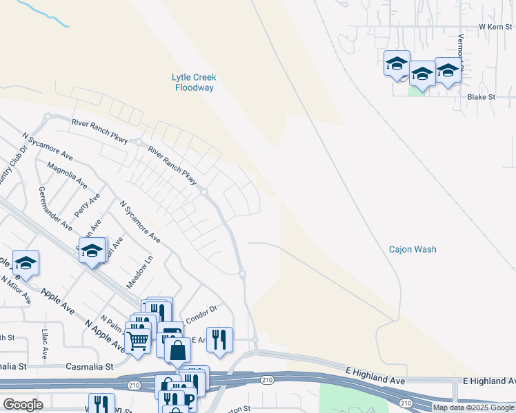 map of restaurants, bars, coffee shops, grocery stores, and more near 2384 Crater Avenue in Rialto