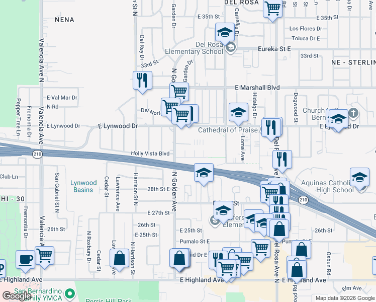 map of restaurants, bars, coffee shops, grocery stores, and more near 1259 Holly Vista Boulevard in San Bernardino