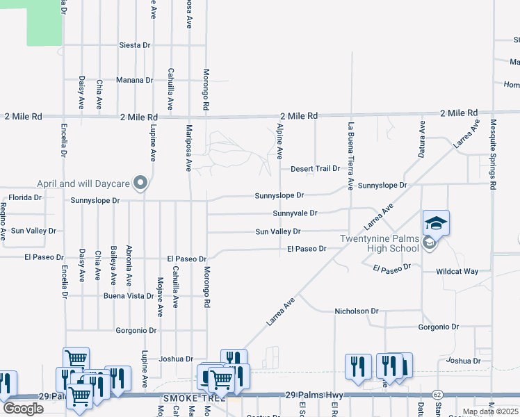 map of restaurants, bars, coffee shops, grocery stores, and more near 72248 Sunnyvale Drive in Twentynine Palms