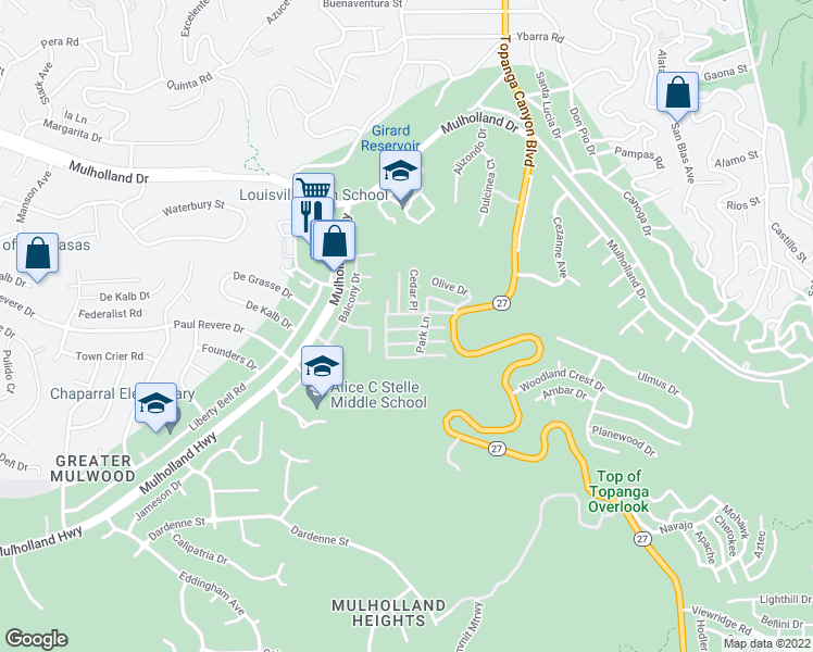 map of restaurants, bars, coffee shops, grocery stores, and more near Spruce Dr in Topanga Canyon