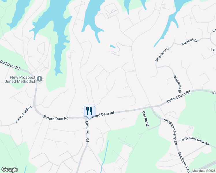 map of restaurants, bars, coffee shops, grocery stores, and more near 5821 Saint Miles Drive in Buford