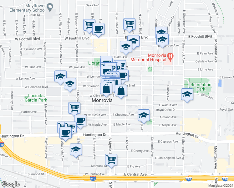 map of restaurants, bars, coffee shops, grocery stores, and more near 710 South Myrtle Avenue in Monrovia