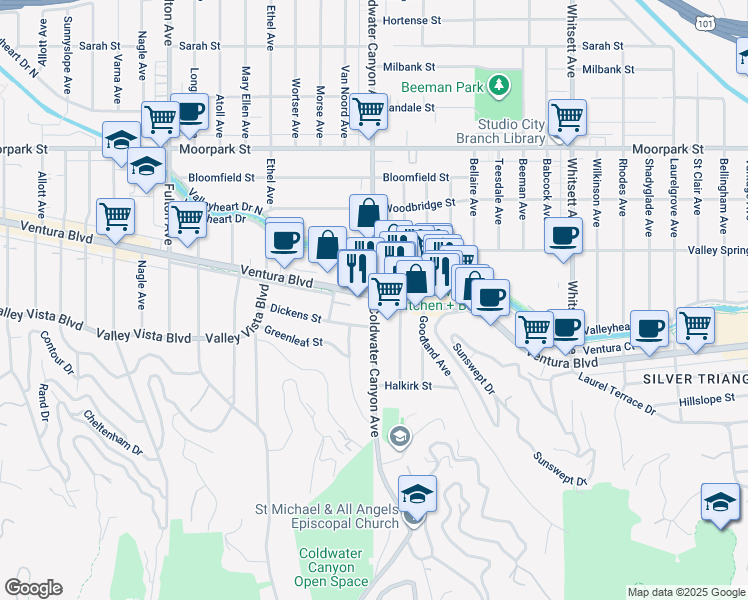 map of restaurants, bars, coffee shops, grocery stores, and more near 12900 Ventura Boulevard in Los Angeles