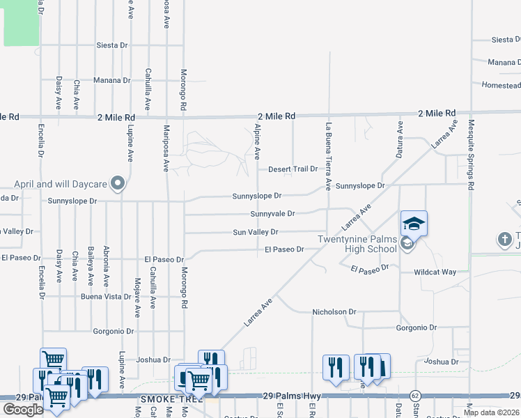 map of restaurants, bars, coffee shops, grocery stores, and more near 5967 Alpine Avenue in Twentynine Palms