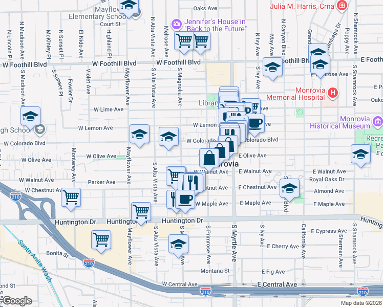 map of restaurants, bars, coffee shops, grocery stores, and more near 231 West Olive Avenue in Monrovia