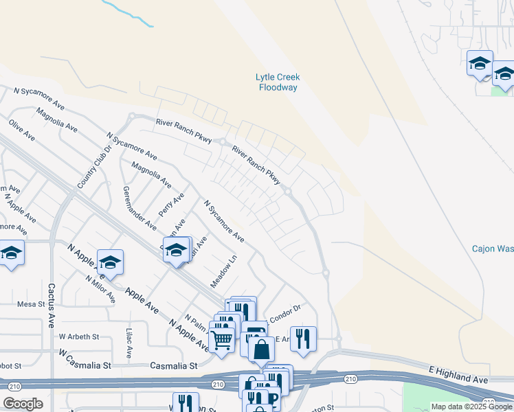 map of restaurants, bars, coffee shops, grocery stores, and more near 2437 Powell Drive in Rialto